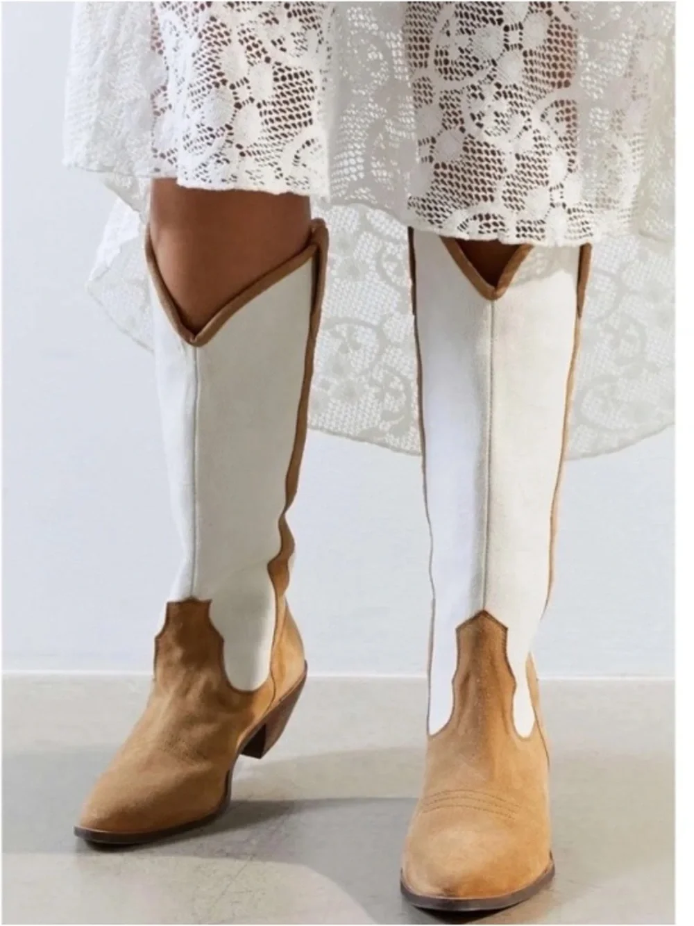 Urban Outfitters UO Leslie Tall Cowboy Boots in Tan and Cream